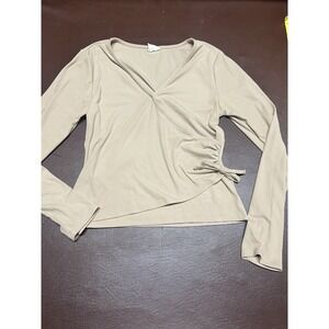 One Step Up Women Tan Ruched Wrap Side‎ Long Sleeve Grey Shirt Top Large
